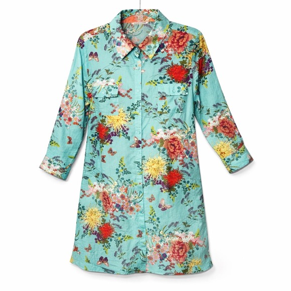 Soft Surroundings Dresses & Skirts - Soft Surroundings Turquoise Floral Butterfly Linen Blend Shirt Dress Size L